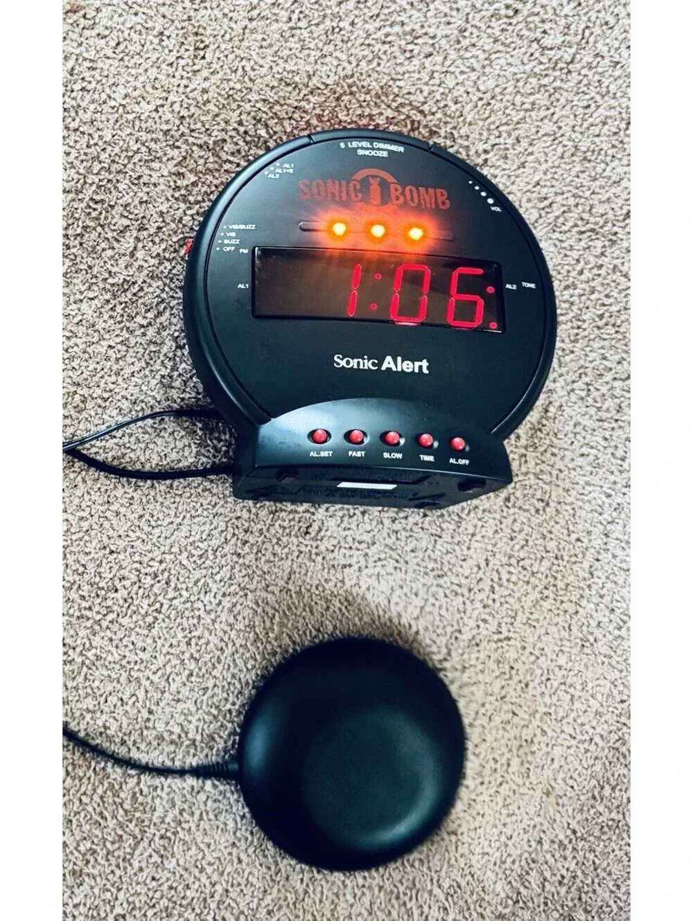 Sonic Bomb Dual Extra Loud Alarm Clock with Bed Shaker, Black & Red | Sonic